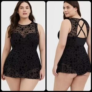 Torrid Star Mesh Swim Dress Sz 1 Black Flocked Underwire Goth